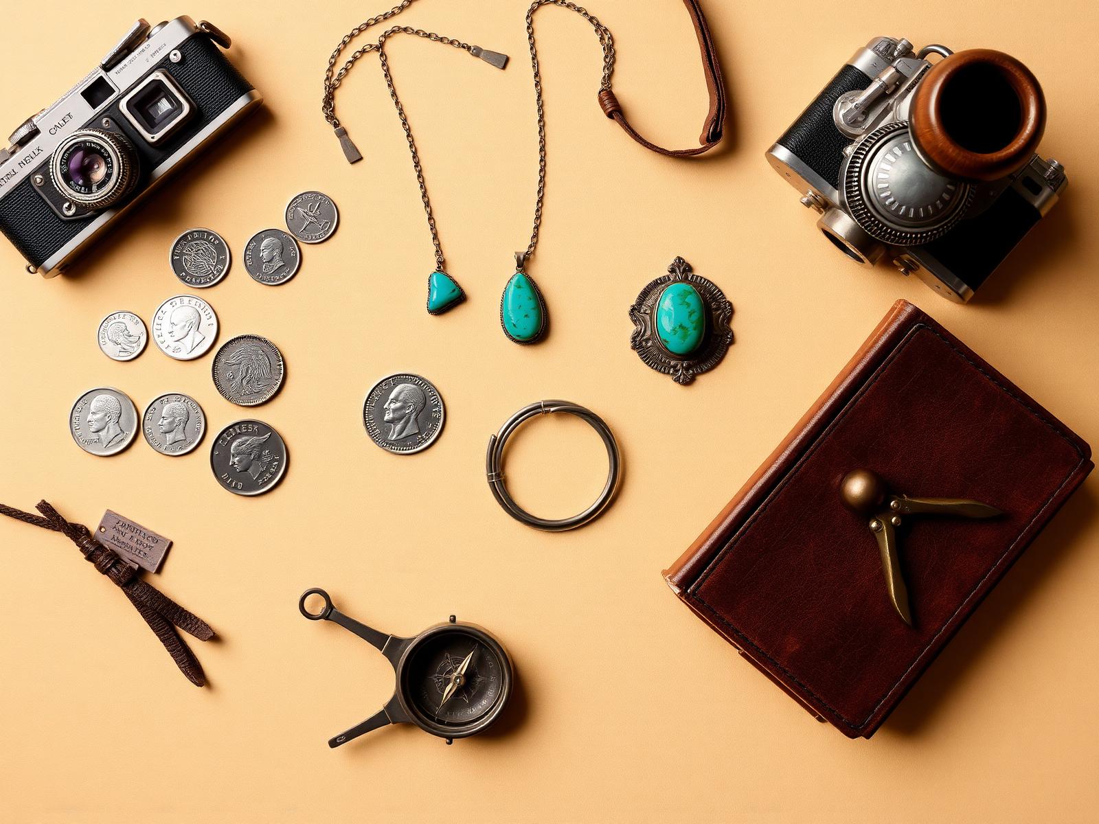 Curated vintage collectibles: coins, turquoise jewelry, vintage cameras